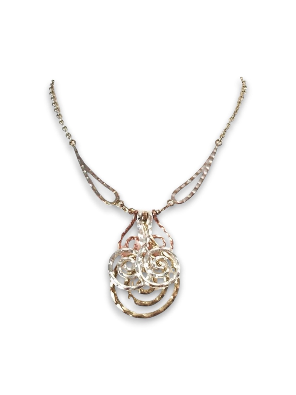 Tri-Color Hammered Metal Swirl Pendant Necklace 18" Silver Gold Copper Tone